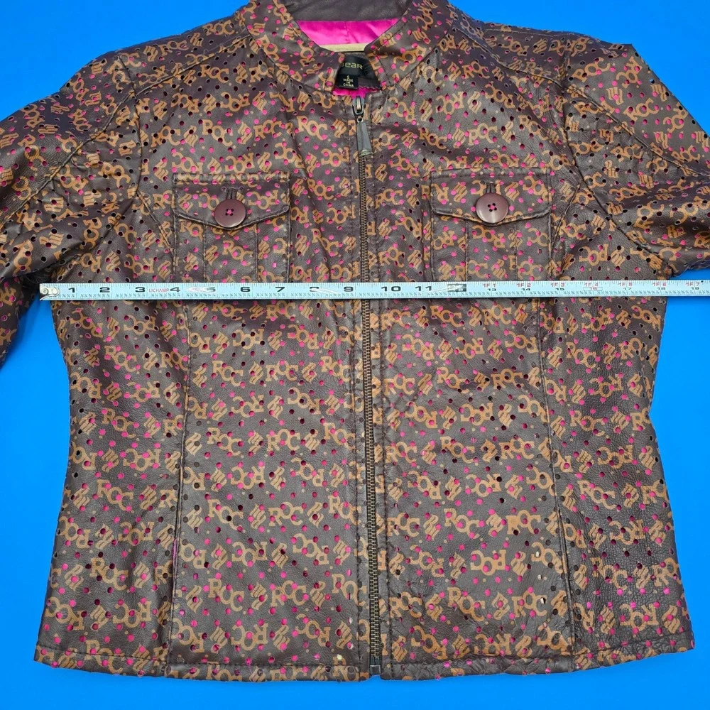 Rocawear Leather Jacket Moto‎ Brown Pink ROC Logo Streetwear Womens Y2K VTG